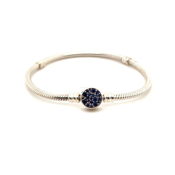 Pandora Jewelry - Pandora Moments Sterling Silver Snake Chain Bracelet Blue Pavé Clasp 6.75in